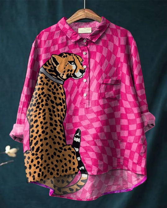 Cute Check Cheetah Print Cotton and Linen Long Sleeve Shirt