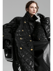 Quilted Lambskin Down Coat for Women – Elegant Mid-Length Slim Fit Jacket with Waist Design, White Duck Down Winter Outerwear