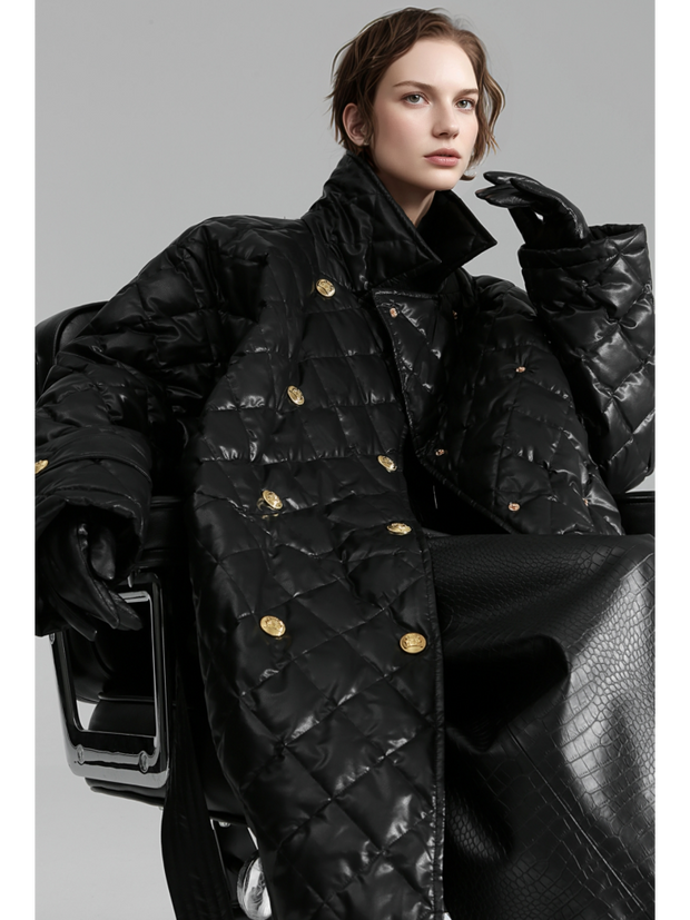 Quilted Lambskin Down Coat for Women – Elegant Mid-Length Slim Fit Jacket with Waist Design, White Duck Down Winter Outerwear