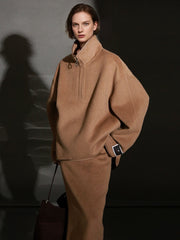 Oversized Camel Hair Sweatshirt Coat for Women – Stand Collar Double-Faced Wool Jacket with Minimalist Luxe Style