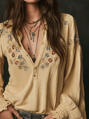 Casual Yellow Floral Embroidered Cotton Shirt