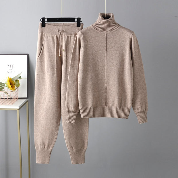 Turtleneck solid color sweater knitted two-piece set