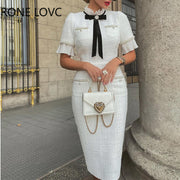 Women Elegant  Round Neck Short Sleeves Bow Ruffle Hem Beaded Formal Fragrant Breeze White Dress