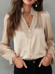 Elegant Vintage Champagne Satin Lace Trim Blouse