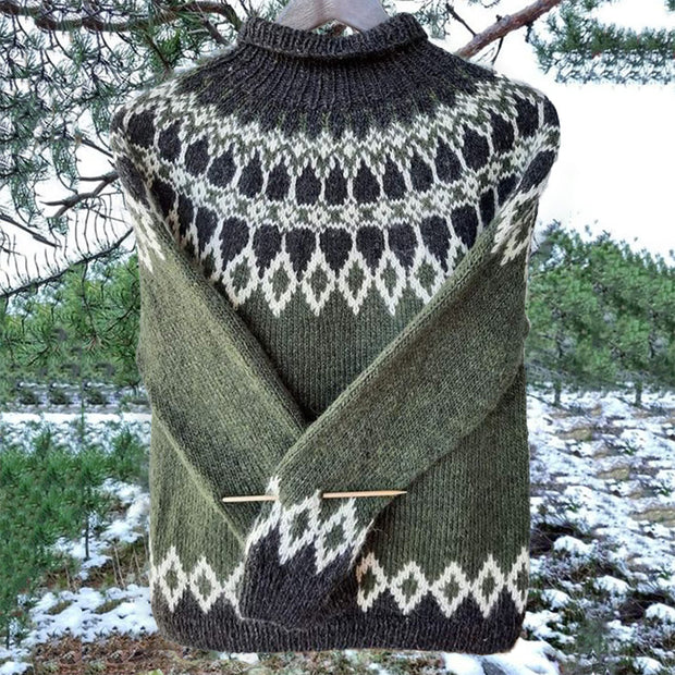 Unisex Vintage Icelandic Knit Jacquard Warmth High Neck Sweater