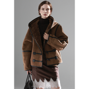 Reversible Women’s Suede & Shearling Coat – Luxury Hooded Duffle Toggle Jacket for Autumn/Winter