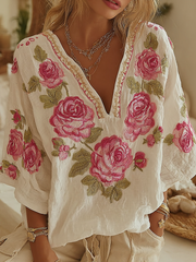 Women's Vintage Floral Embroidery Art V-neck T-shirt
