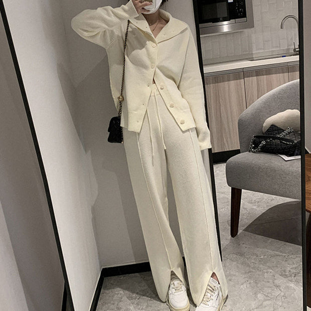 Gentle Wind Knitted Cardigan Sweater Loose Slit Trousers Two-piece Set