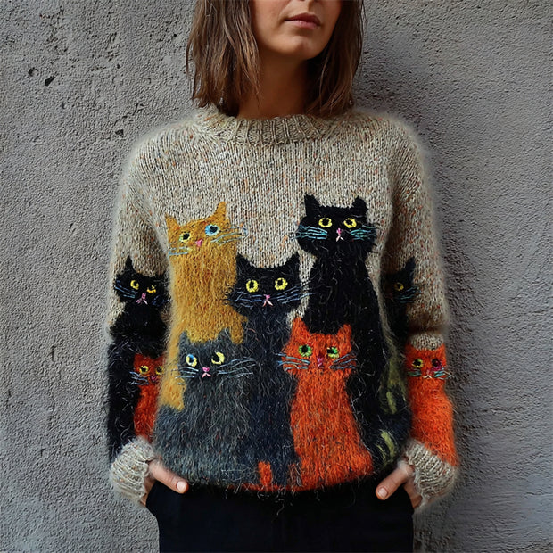 Vintage Halloween Cats Fuzzy Cozy Knit Sweater
