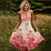 Pink Floral Embroidered Gradient Linen Suspender Dress