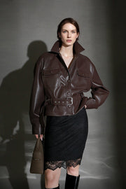 Women’s Cropped Sheepskin Leather Moto Jacket – High-End Belted Designer Biker Outerwear