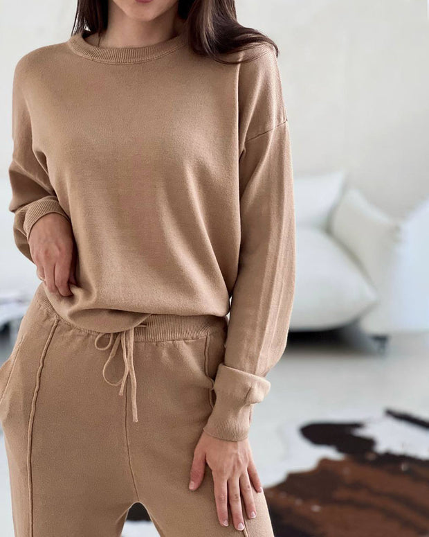 Casual round neck top and carrot pants knitted two-piece set