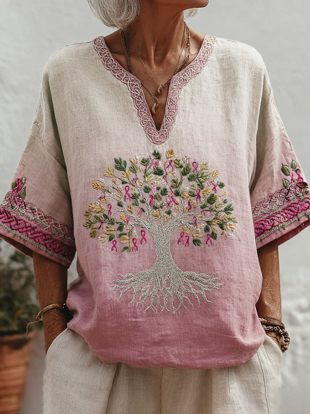 Women's Tree Of Life Pink Ribbon Small V Neck T-shirt