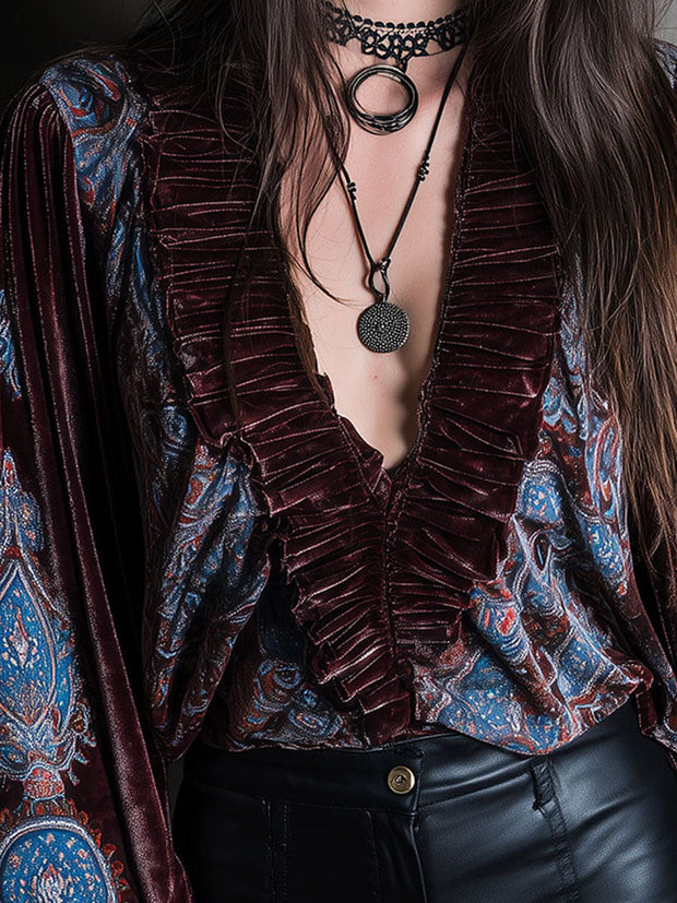 Boho Paisley Print Velvet Puff Sleeve Blouse