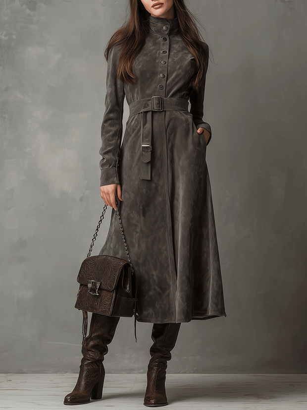 High Neck Belted Suede Midi Dress