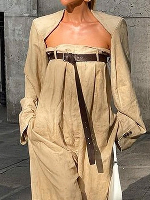 Buttoned Long Sleeves Collarless Outerwear Top + Wide Leg Belted Jumpsuits Two Pieces Set