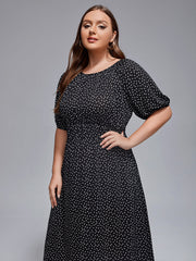 Plus Polka Dot Round Neck Puff Sleeve Midi Dress