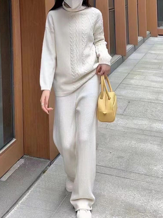 Turtleneck Knitted Sweater Wide-legs Pants Two-pieces Set