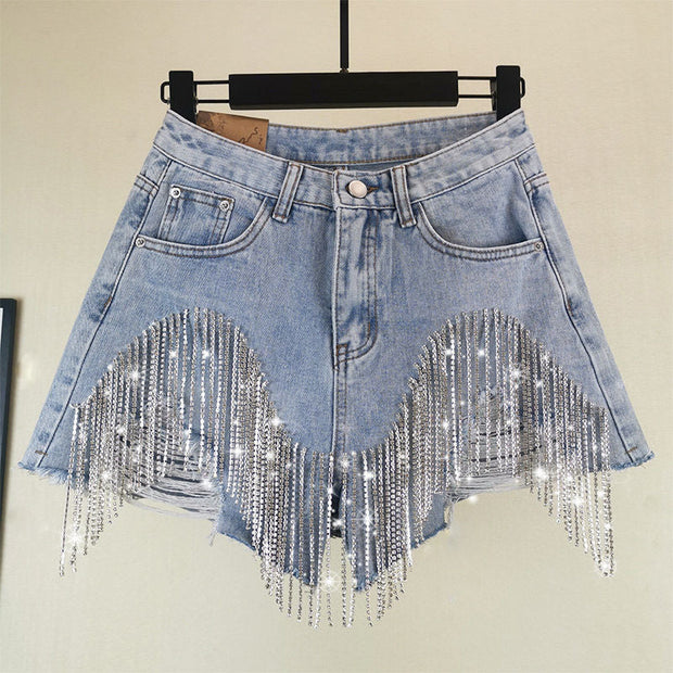 Denim Shorts Women Clothing Fashion 2022 Summer Ripped Jeans Short Femme High Waist Diamond Tassel Y2k Casual Bottoms For Ladies