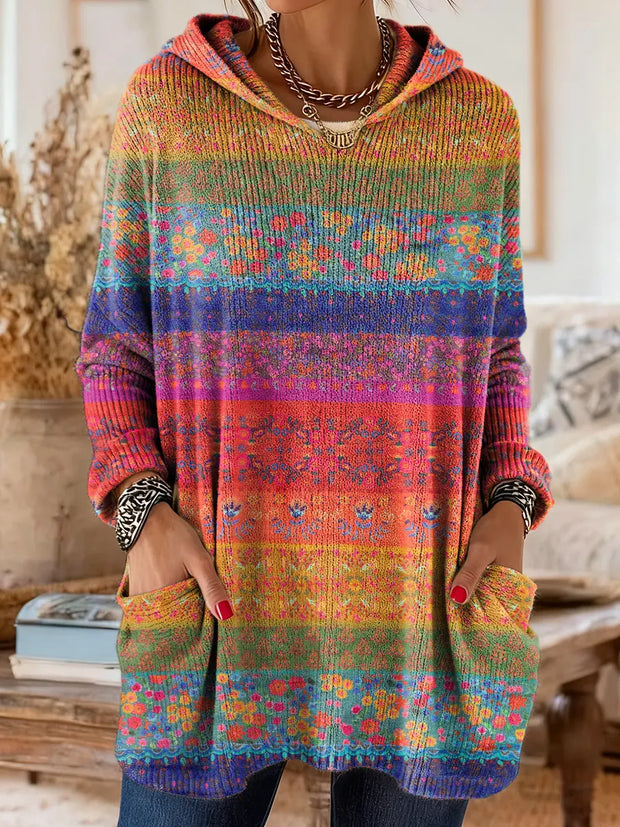 Vintage National Flower Stripes Women's Print Casual Long Sleeve Hooded Sweater