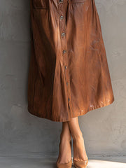 Chic Brown Eco Leather Button-Down Midi Shirt Dress