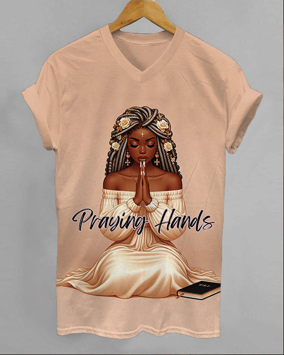 Black Women In Prayer V-neck Short Sleeve Shirt