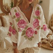 Women's Vintage Floral Embroidery Art V-neck T-shirt