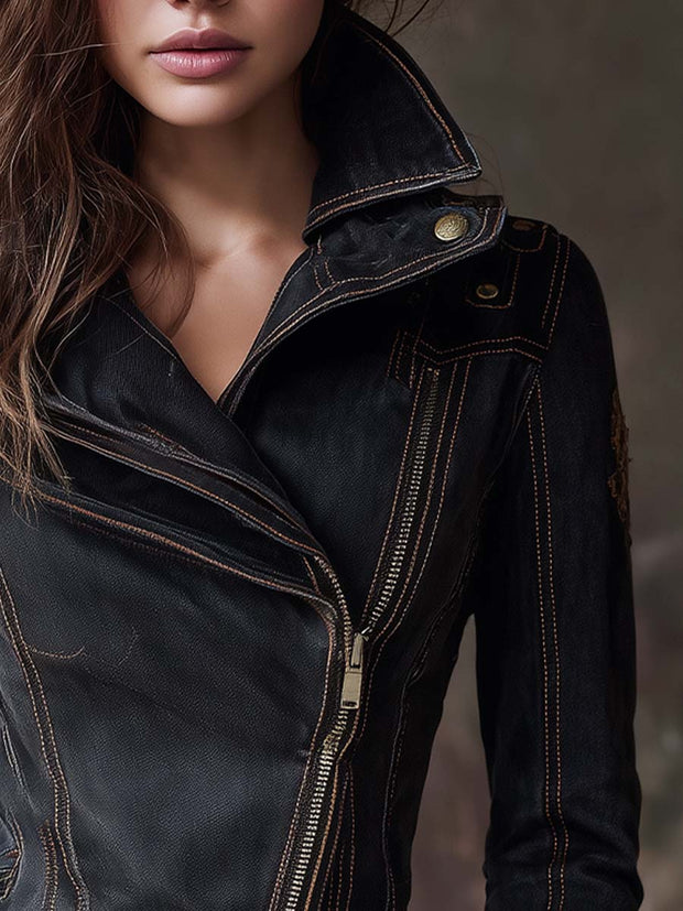 Vintage Washed Denim Moto Jacket – Charcoal Edge