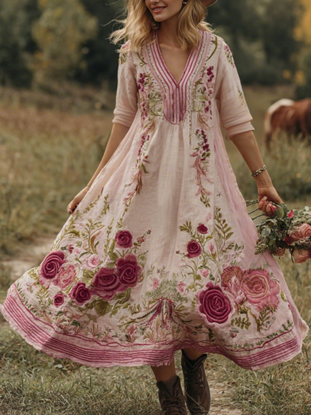 Classy Gradient Pink Roses And Striped Embroidered Linen Maxi Dress
