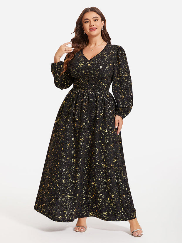 Star Pattern Lantern Sleeve Sequin Maxi Dress