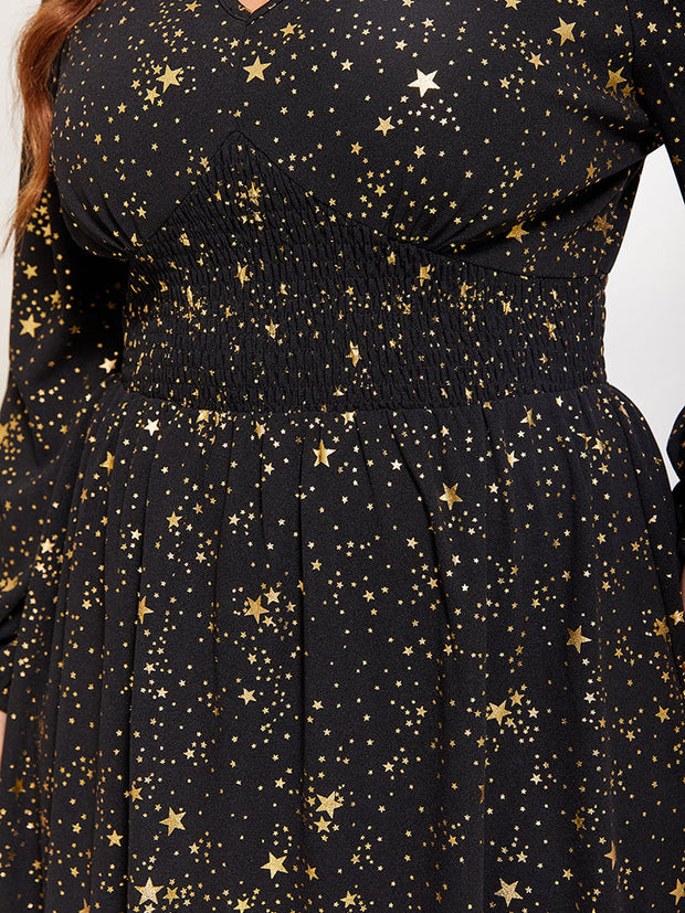 Star Pattern Lantern Sleeve Sequin Maxi Dress