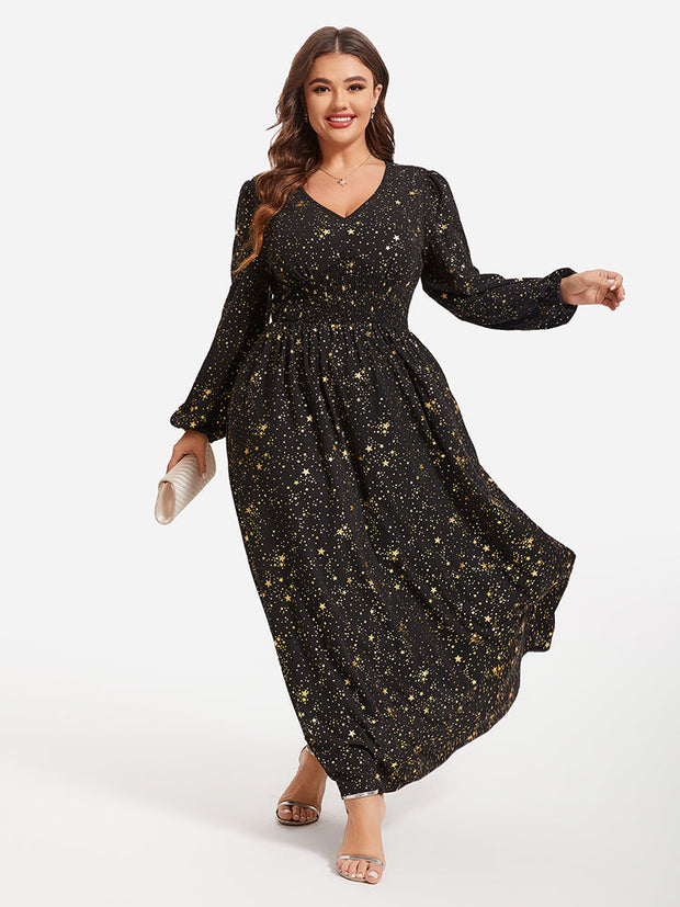 Star Pattern Lantern Sleeve Sequin Maxi Dress