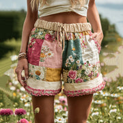 Women's Patchwork Floral Contrast Drawstring Shorts