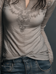 Bohemian Style Embroidered Gray Long-sleeved T-shirt
