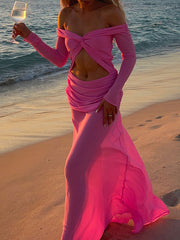 Off shoulder halter neck ruched maxi dress