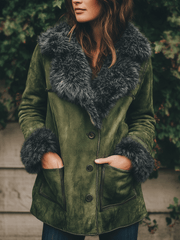 Boho Olive Faux Shearling Collar Suede Jacket