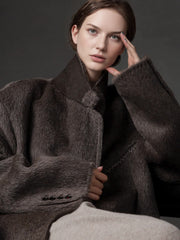 Luxury Suri Baby Alpaca Wool Coat for Women – Tailored Blazer Collar Winter Jacket, Elegant Wool & Fur-Blend Outerwear