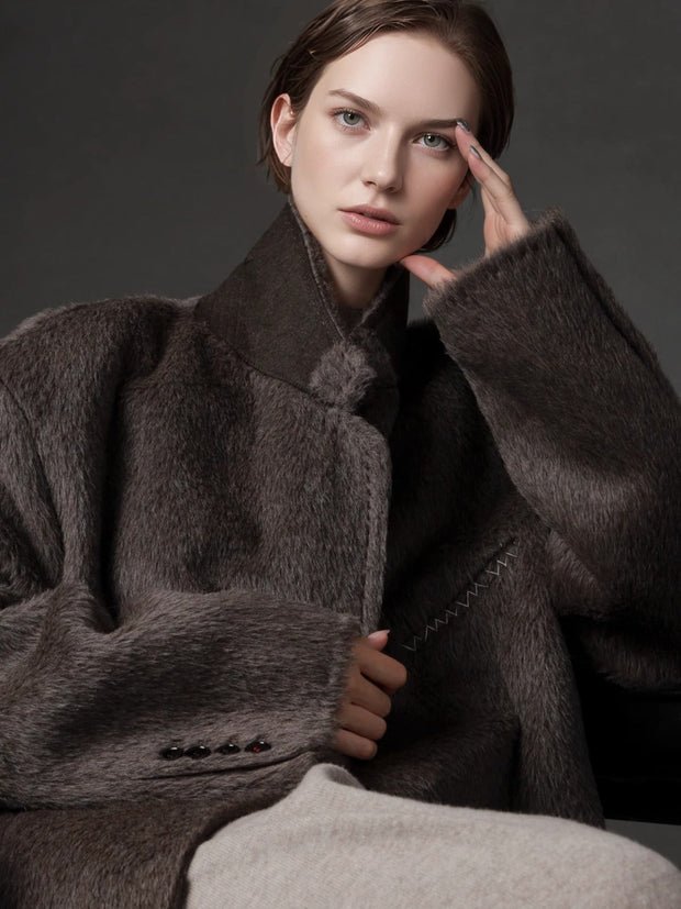 Luxury Suri Baby Alpaca Wool Coat for Women – Tailored Blazer Collar Winter Jacket, Elegant Wool & Fur-Blend Outerwear