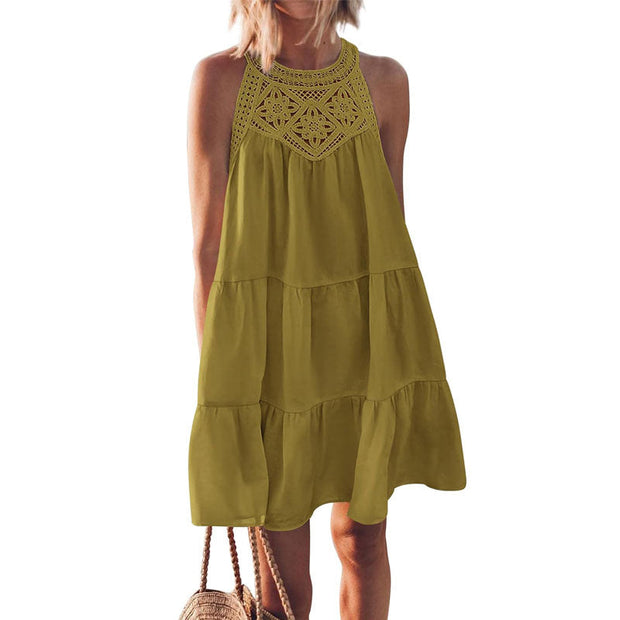 Summer Loose Lace Hollow  Sleeveless Short Dresses