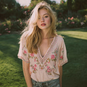 Women's Vintage Floral Embroidery Art Linen T-shirt