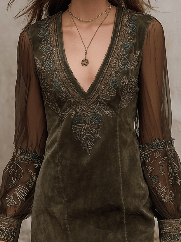 Bohemian Olive Suede Embroidered Mini Dress