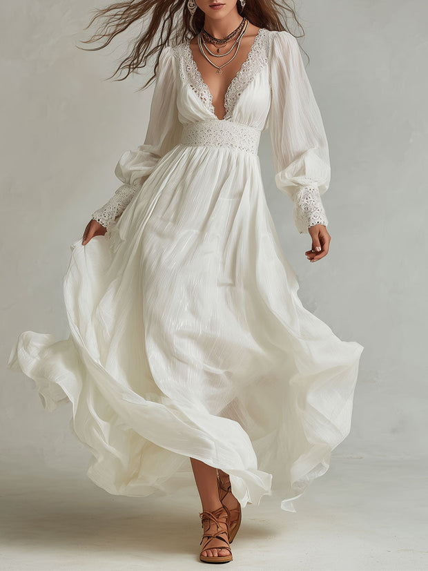 Elegant Shinny Chiffon Lace Splicing Maxi Dress