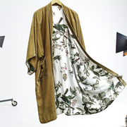 Fashion Lining Flower Leaf Print Kimono Duster