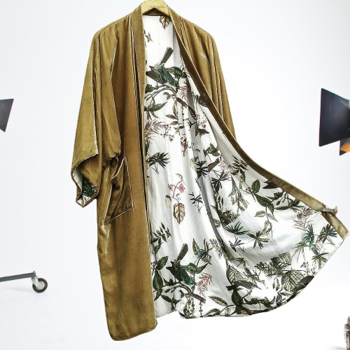 Fashion Lining Flower Leaf Print Kimono Duster