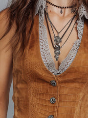 Vintage Crocodile Texture Caramel Eco-suede Slim Fit Vest