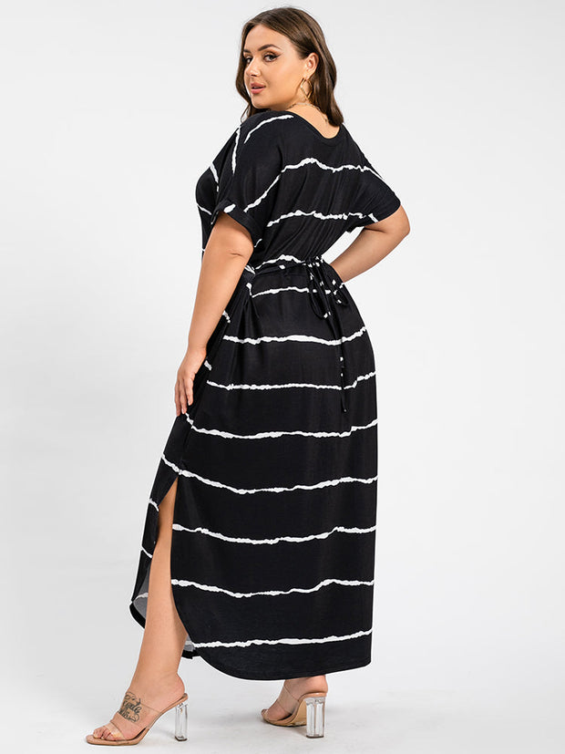 Plus Striped V-Neck Cuffed Sleeve Slit Pocket Maxi Dress