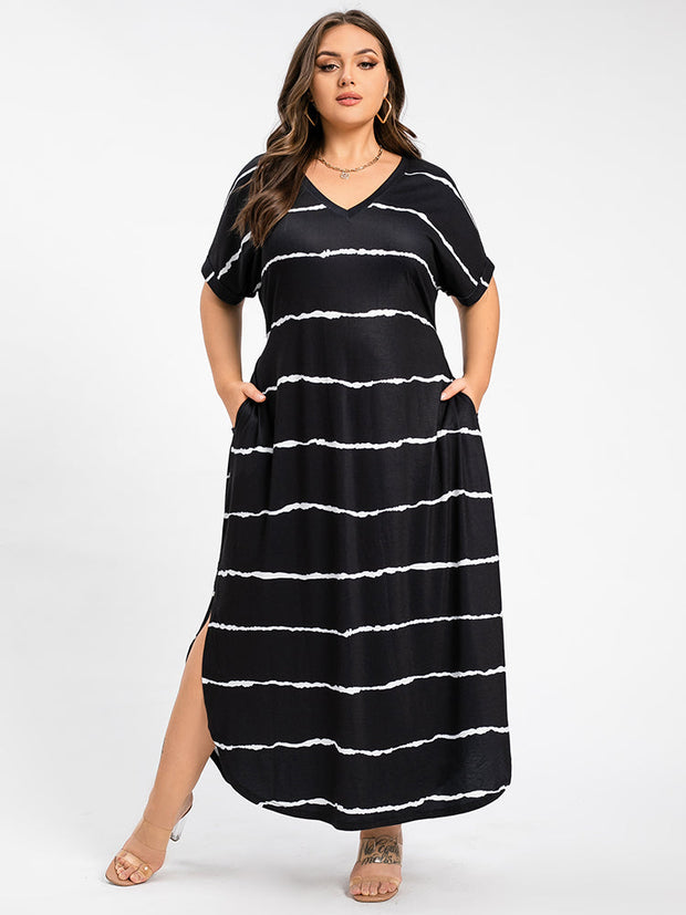 Plus Striped V-Neck Cuffed Sleeve Slit Pocket Maxi Dress