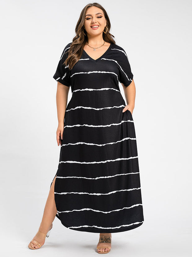 Plus Striped V-Neck Cuffed Sleeve Slit Pocket Maxi Dress