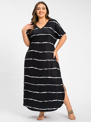 Plus Striped V-Neck Cuffed Sleeve Slit Pocket Maxi Dress