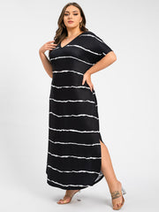 Plus Striped V-Neck Cuffed Sleeve Slit Pocket Maxi Dress